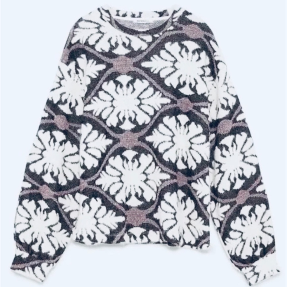 ZARA | Jacquard Victorian Geo Floral Print Fuzzy Eyelash Long Sleeve Sweater